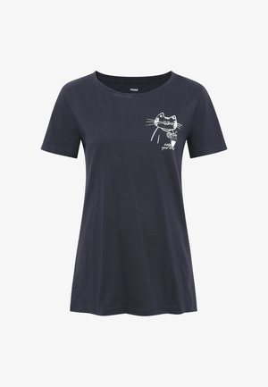 Navy blue cotton t-shirt with short sleeves. Front features a white cat graphic and text. Classic round neckline; soft texture.