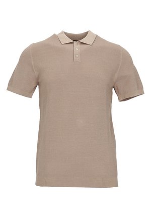 Polo beige a maniche corte realizzata in tessuto a maglia strutturata, con colletto classico e patta con tre bottoni.