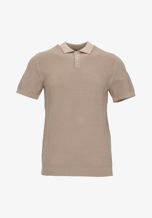 Polo beige à manches courtes en tissu tricoté texturé, doté d'un col classique et d'une patte à trois boutons.