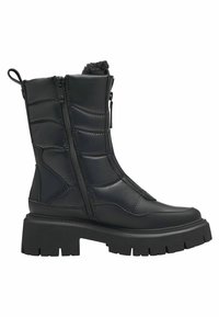 Botte noire montante avec une texture matelassée, dotée de doubles fermetures éclairs latérales et d'une semelle en caoutchouc épaisse avec un profil prononcé pour une meilleure adhérence.
