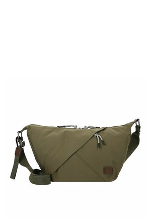 Sac bandoulière vert olive avec sangle ajustable, fermeture éclair et coutures décoratives à l'avant, sur fond blanc.