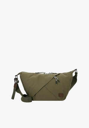 Borsa a tracolla verde oliva con tracolla regolabile, chiusura a zip e cuciture decorative sul davanti, su sfondo bianco.