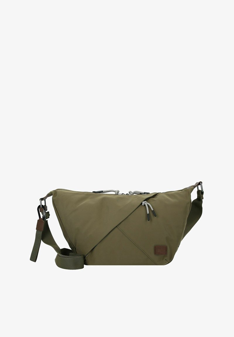 Bolso bandolera verde oliva con correa ajustable, cierre de cremallera y costuras decorativas en el frente, sobre un fondo blanco.