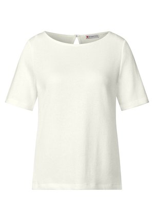 Bílá krátkosrstá tričko vyrobené z texturované látky, s kulatým výstřihem a malým otvorem na zádech.