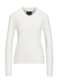 Weißes Langarm-Polohemd aus Strickstoff, mit klassischem Kragen, fünfknöpfiger Blende und einem kleinen goldenen Logoakzent am Saum.