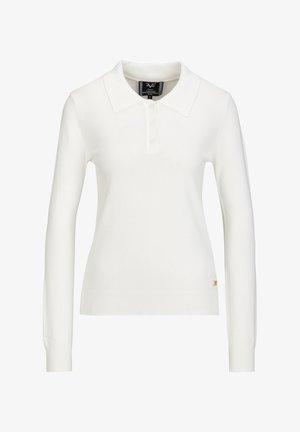 Witte lange mouw polo shirt van gebreide stof, met een klassieke kraag, een vijfknopen-rij, en een klein gouden logoaccent op de zoom.