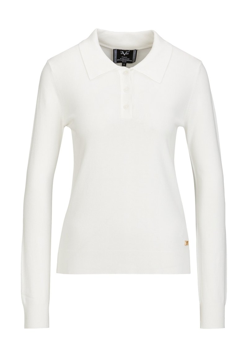 Weißes Langarm-Polohemd aus Strickstoff, mit klassischem Kragen, fünfknöpfiger Blende und einem kleinen goldenen Logoakzent am Saum.