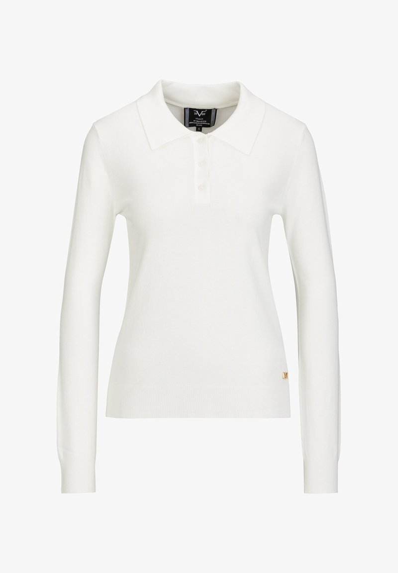 Weißes Langarm-Polohemd aus Strickstoff, mit klassischem Kragen, fünfknöpfiger Blende und einem kleinen goldenen Logoakzent am Saum.