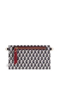 Geometric clutch made of fabric with a black, white, and gray pattern. Features a maroon zipper and gold hardware accents.