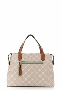 Taška přes rameno z lehkého béžového syntetického materiálu s bílým diamantovým vzorem, hnědými koženými uchy, horním zipovým uzavřením a přední zipovou kapsou.