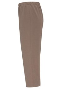 Bruine geribde broek met een elastische tailleband, met een recht model en een soepele textuur. Geen zakken of extra versieringen.