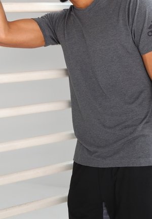 Camiseta gris de cuello redondo en tejido suave, con un corte relajado. Presenta un detalle de logo en la manga derecha. Se lleva con pantalones cortos negros.