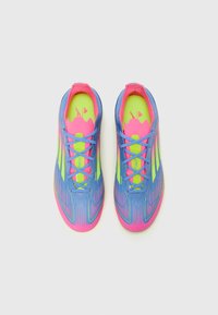 Blue athletic shoes with pink and lime accents. Features a smooth texture, lace-up design, and a curved sole for performance.