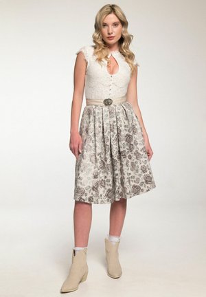 Lace bodice dress features a floral-patterned skirt in beige and gray, with a keyhole neckline and a decorative belt with a silver buckle.