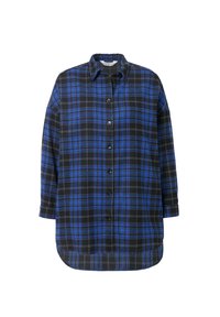 Camicia a maniche lunghe, a quadri nera e blu, realizzata in tessuto leggero, con chiusura a bottoni sul davanti e orlo arrotondato.