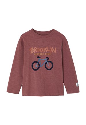 Langärmliges, weinrotfarbenes T-Shirt mit einem Fahrrad-Graphic und dem Text "BROOKLYN BICYCLE CLUB" in Orange und Blau. Weiches, strukturiertes Material.