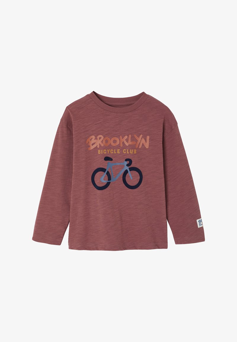 Langärmliges, weinrotfarbenes T-Shirt mit einem Fahrrad-Graphic und dem Text "BROOKLYN BICYCLE CLUB" in Orange und Blau. Weiches, strukturiertes Material.