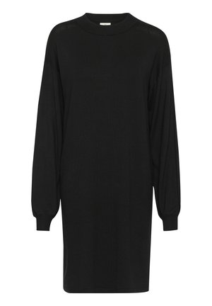 Rochie neagră supradimensionată dintr-un material tricotat moale, cu mâneci lungi, decolteu tip crew și cusături pe umeri lăsate. Design simplu, fără modele.