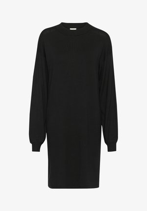 Černé oversized šaty z měkkého úpletu, s dlouhými rukávy, kulatým výstřihem a spadlými ramenními švy. Jednoduchý design bez vzorů.