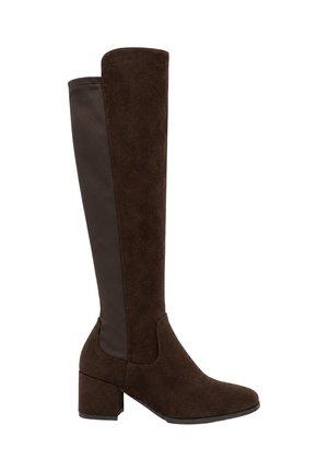 Hoher Damenstiefel mit Blockabsatz, dunkelbraunem Wildleder vorne und glattem Leder-Rückenpaneel.