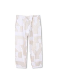 Witte broek met een groot lichtbeige blokletterpatroon. Gemaakt van gladde stof, met een recht gesneden pasvorm en zonder zichtbare hardware.