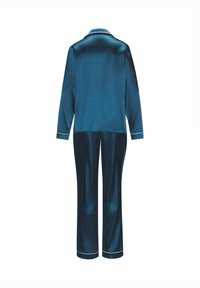 Satin-Pyjama-Set in dunklem Türkis, bestehend aus einem Langarmoberteil mit Kragen und kontrastierenden Details sowie passenden geraden Hosen.