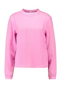 Maglietta rosa a maniche lunghe con scollatura tonda e chiusura con zip sulla schiena. Tessuto morbido con vestibilità comoda e lunghezza leggermente cropped.