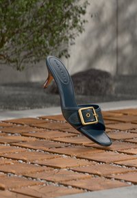 Μονό σανδάλι mules σε ναυτικό μπλε με χρυσή αγκράφα και χαμηλό ξύλινο τακούνι που αιωρείται πάνω από μια ξύλινη επιφάνεια με σχισμές σε εξωτερικό χώρο.