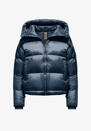 Navy blue puffer jacket with hood, front zipper, and two side pockets, featuring a shiny, quilted design and ribbed cuffs.