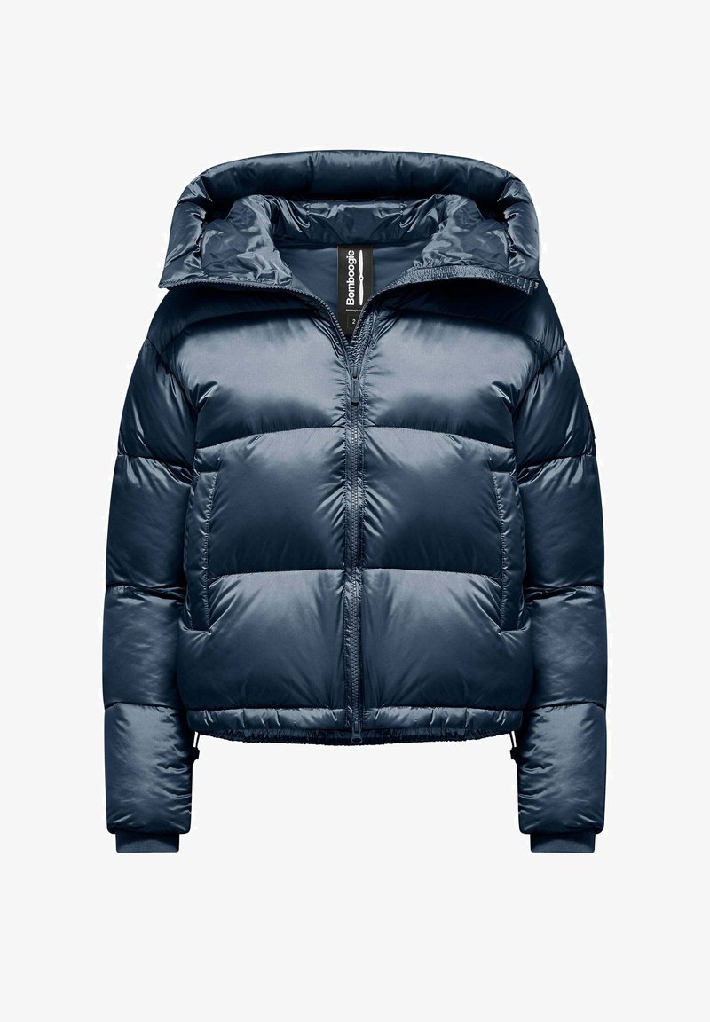Marineblauwe pufferjas met capuchon, vooraan met rits en twee zijzakken, met een glanzend, gequilt ontwerp en geribde manchetten.