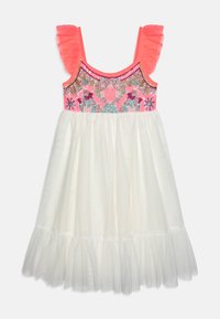 Weißes Kleid mit einem gerafften Tüllrock, pinkem ärmellosem Oberteil und buntem, perlenbesticktem Blumenschmuck am Oberteil.