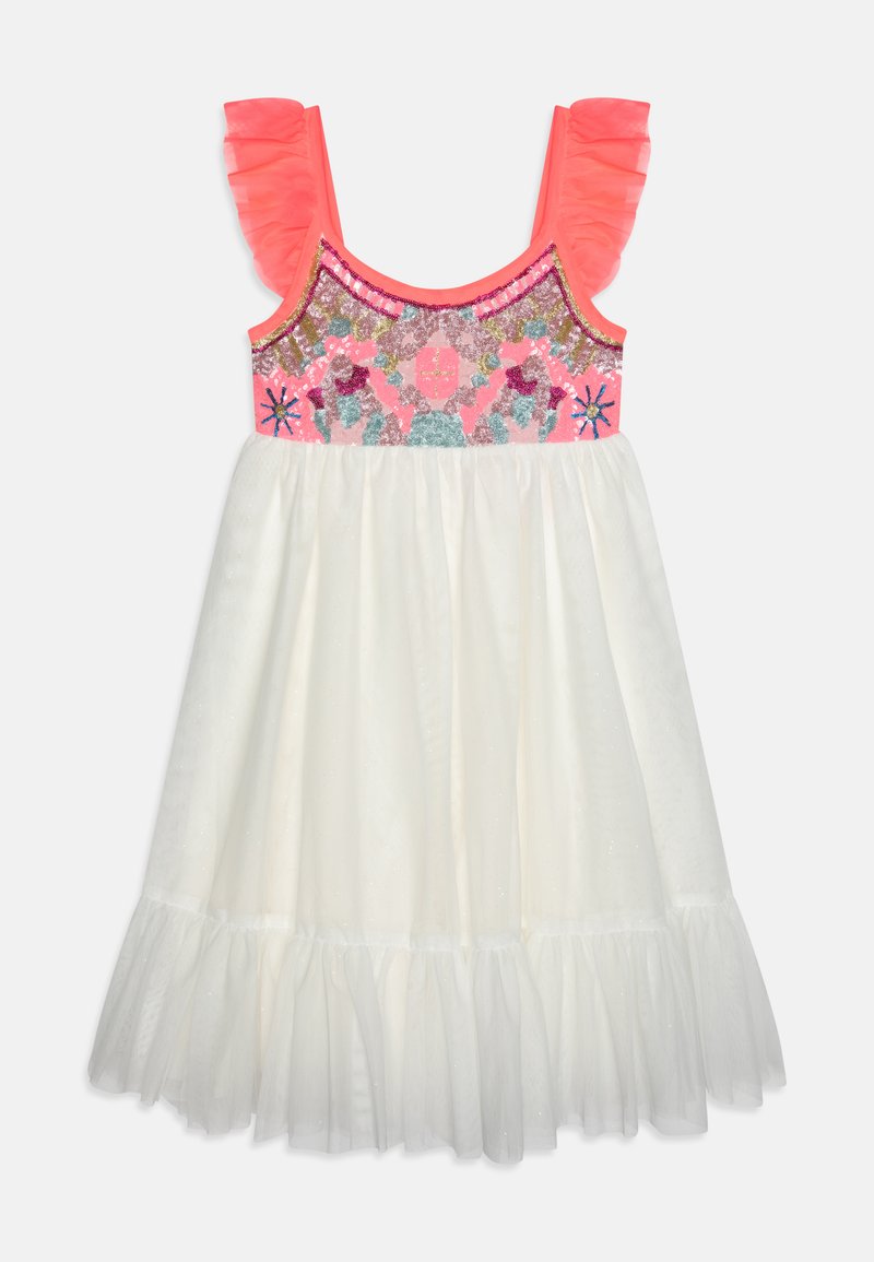 Weißes Kleid mit einem gerafften Tüllrock, pinkem ärmellosem Oberteil und buntem, perlenbesticktem Blumenschmuck am Oberteil.