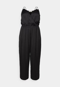 Mono negro de satén con tirantes finos, escote en V, cintura elástica y pantalones de pierna ancha para un ajuste relajado. Textura suave en toda la prenda.