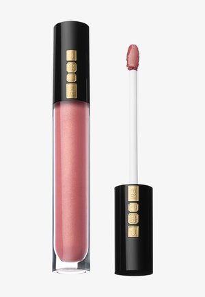 Glossy pink lip gloss tube with black cap and gold embossed symbols, next to angled applicator wand showing product texture.