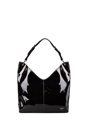 Black glossy handbag with a single shoulder strap, a subtle V-shaped top edge, and a small "Replay" logo near the bottom corner.