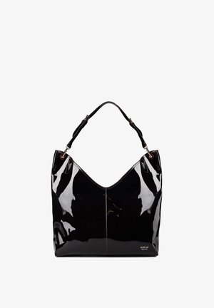 Sac à main noir brillant avec une seule bandoulière, un bord supérieur en V subtil et un petit logo "Replay" près du coin inférieur.