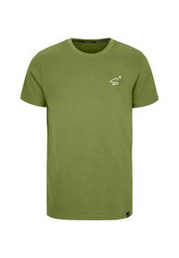 T-shirt in cotone verde oliva con colletto rotondo, maniche corte e un piccolo logo bianco sul lato sinistro del petto. Tessuto morbido, vestibilità classica.