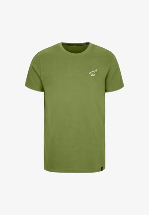 Olijfgroene katoenen T-shirt met een ronde hals, korte mouwen en een klein wit logo op de linkerborst. Glad textuur, klassieke pasvorm.