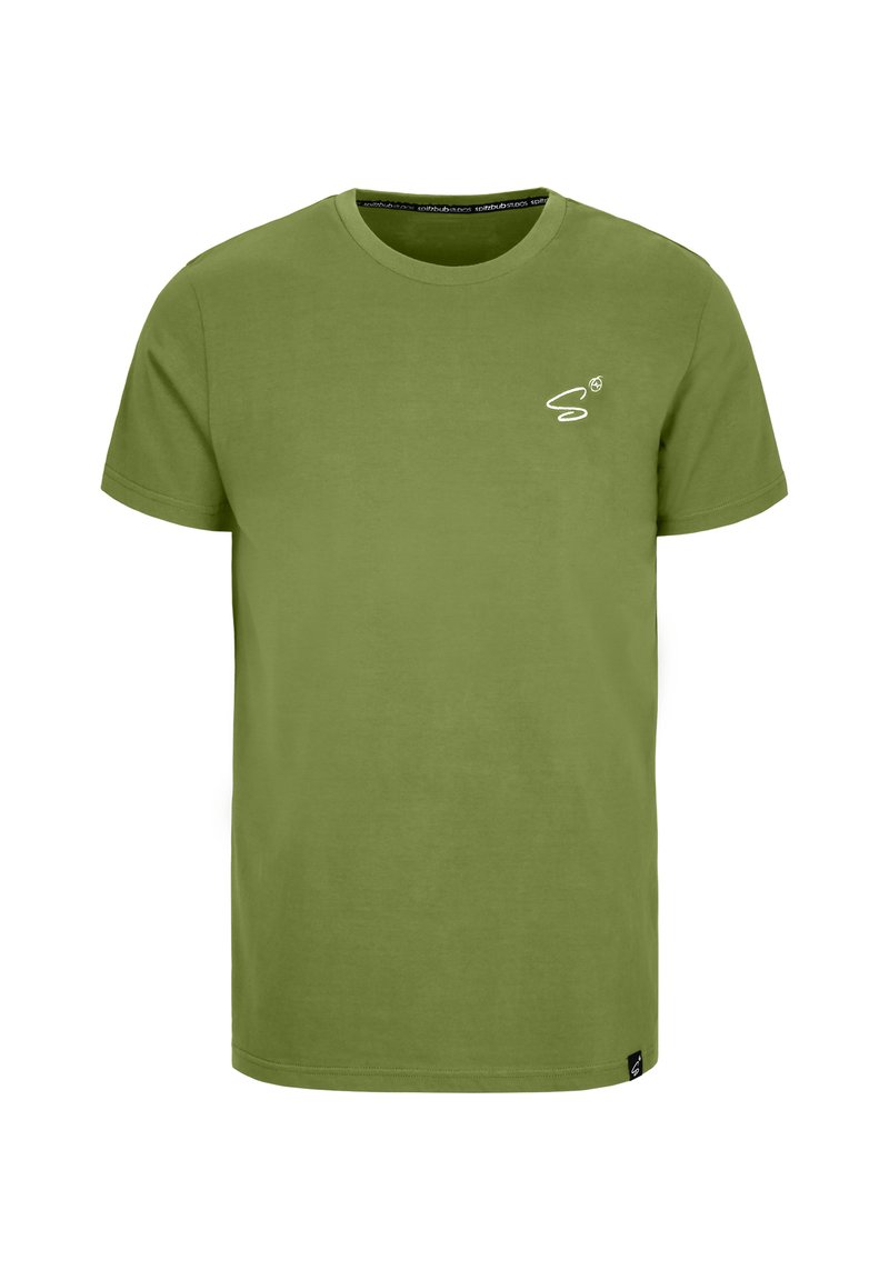 T-shirt in cotone verde oliva con colletto rotondo, maniche corte e un piccolo logo bianco sul lato sinistro del petto. Tessuto morbido, vestibilità classica.