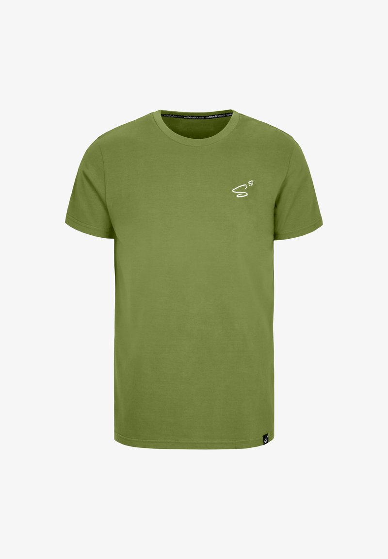 T-shirt in cotone verde oliva con colletto rotondo, maniche corte e un piccolo logo bianco sul lato sinistro del petto. Tessuto morbido, vestibilità classica.