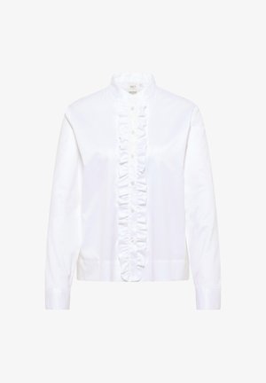 Witte blouse met een hoge kraag, voorzien van een verticale ruche aan de voorkant, lange mouwen en een glanzende stoftextuur. Knopsluiting.