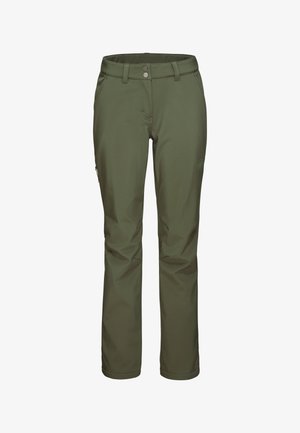 Olivgrüne Outdoor-Hose aus flexiblem Material, mit geradem Schnitt, zwei vorderen Knöpfen und einem seitlichen Reißverschlussfach zur Aufbewahrung.