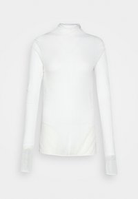 White long-sleeve top with a high neckline. Made of a smooth, lightweight fabric. Fitted design with a slightly glossy texture and no patterns.