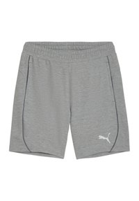 Graue Sportshorts aus weichem Material mit einem elastischen Bund, seitlichen Taschen und einem weißen Puma-Logo-Akzent.
