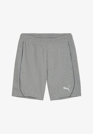 Shorts de sport gris en matière douce, dotés d'une taille élastique, de poches latérales et d'un accent avec le logo blanc de Puma.