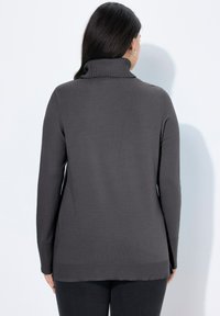 Maglione grigio a maniche lunghe con collo alto, caratterizzato da un orlo testurizzato e un corpo liscio. Il retro presenta un colletto alto e una vestibilità leggermente rilassata.