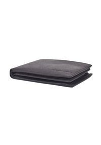 Cartera de cuero negra con textura suave, diseño bifold y esquinas redondeadas. Presenta costuras sutiles a lo largo de los bordes.