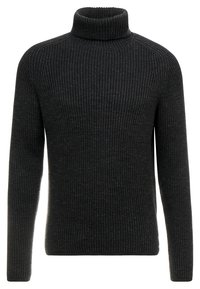 Pull à col roulé gris foncé côtelé avec des manches longues, fabriqué en tissu tricoté texturé, présentant un design ajusté structuré et un col haut.