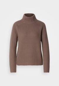 Pull à col roulé marron en maille côtelée, manches longues, design simple et silhouette ajustée sur fond uni.