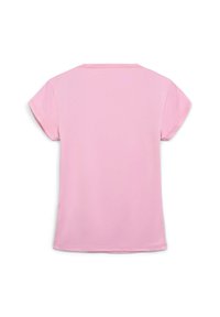 Maglietta a maniche corte, collo rotondo in morbido tessuto rosa. Design semplice con linee pulite, senza fantasie o dettagli, e una texture liscia.